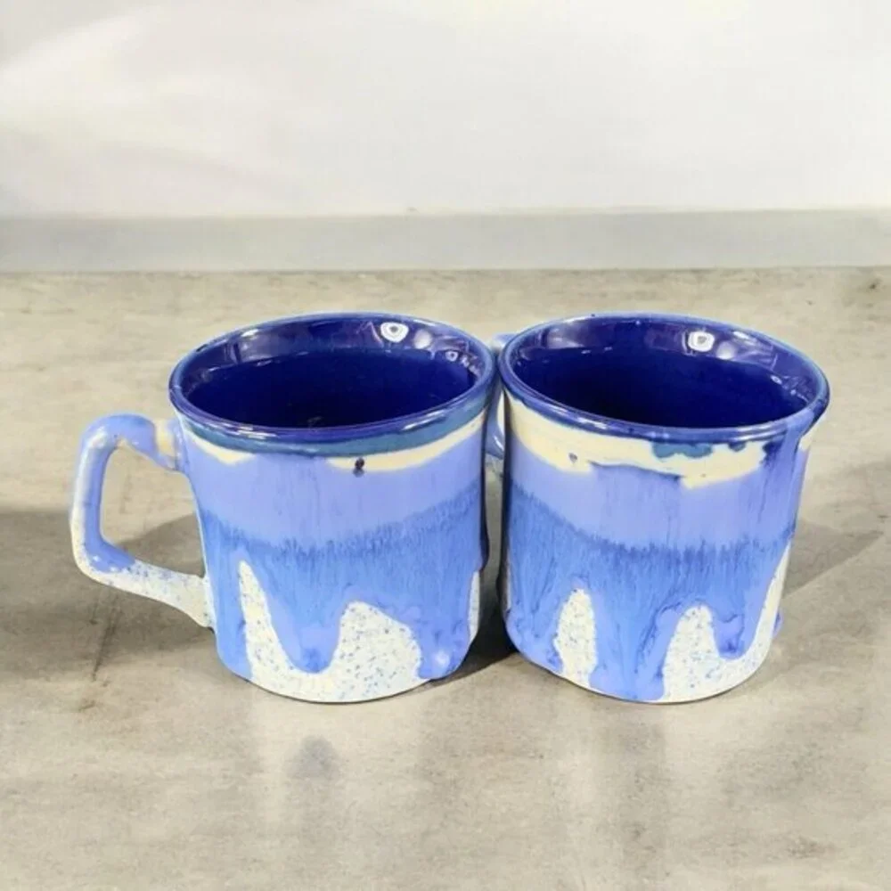 Vintage 1980s Blue Drip‎ Glaze Pottery Coffee Mug Cup Set 2 Hand Made Stoneware